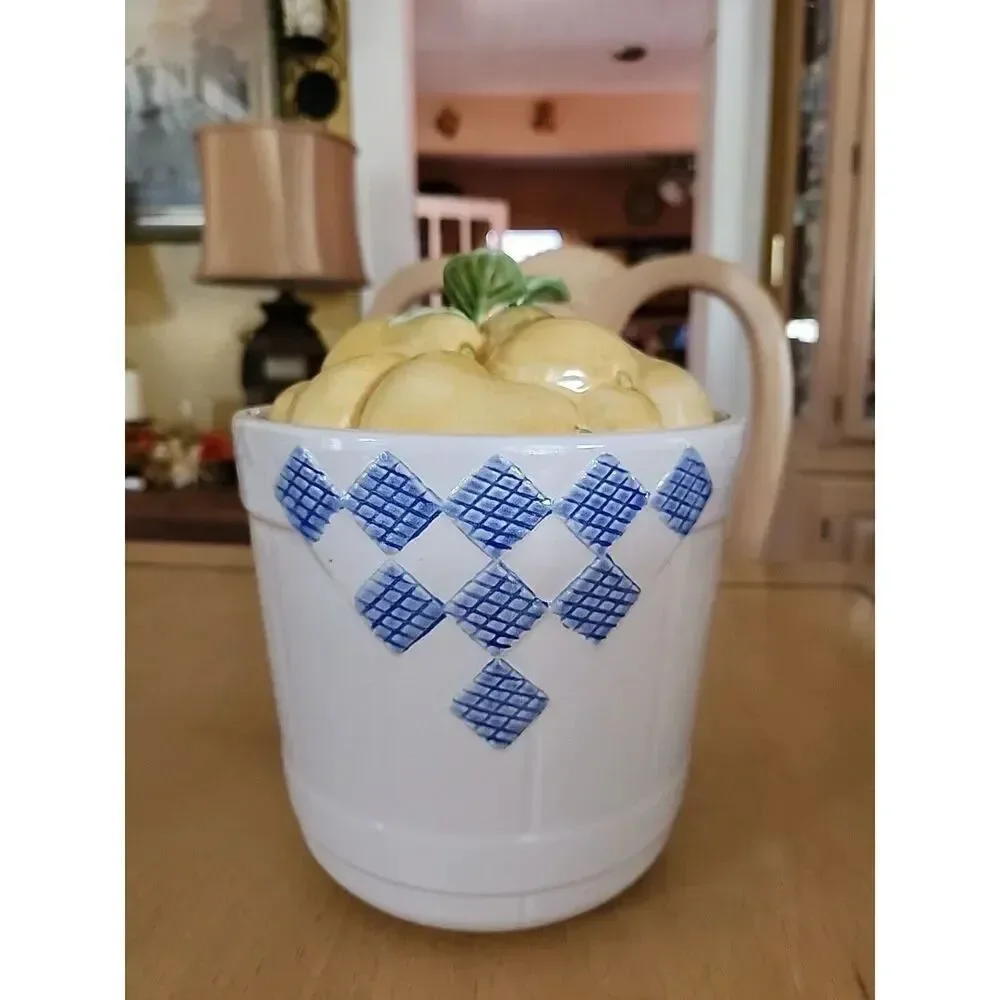 Pear Topped Canister, ceramic, blue, yellow, COLLECTIBLE!!